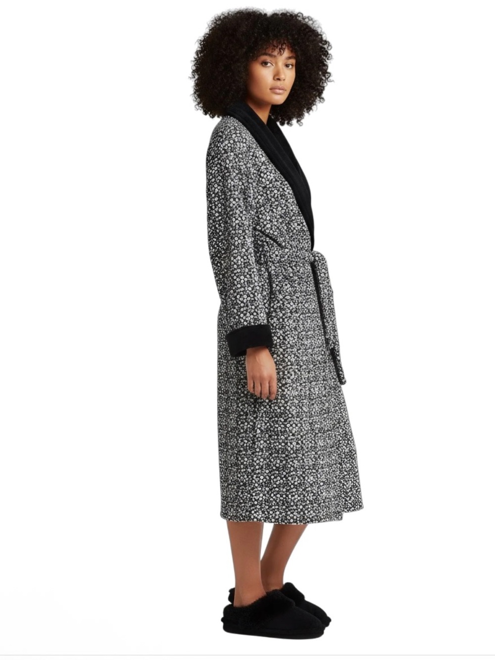 UGG DUFFIELD II BLACK GREY MICRO LEOPARD ROBE - WOMEN'S SIZE S